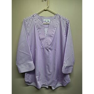 FOXCROFT for APPLESEED´S Womens 18P Purple White Stripe V-Neck 3/4 Sleeve Tunic‎